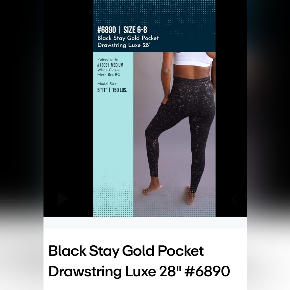 ZYIA Black STAY Gold Pocket Drawstring Luxe Leggings Size 6-8